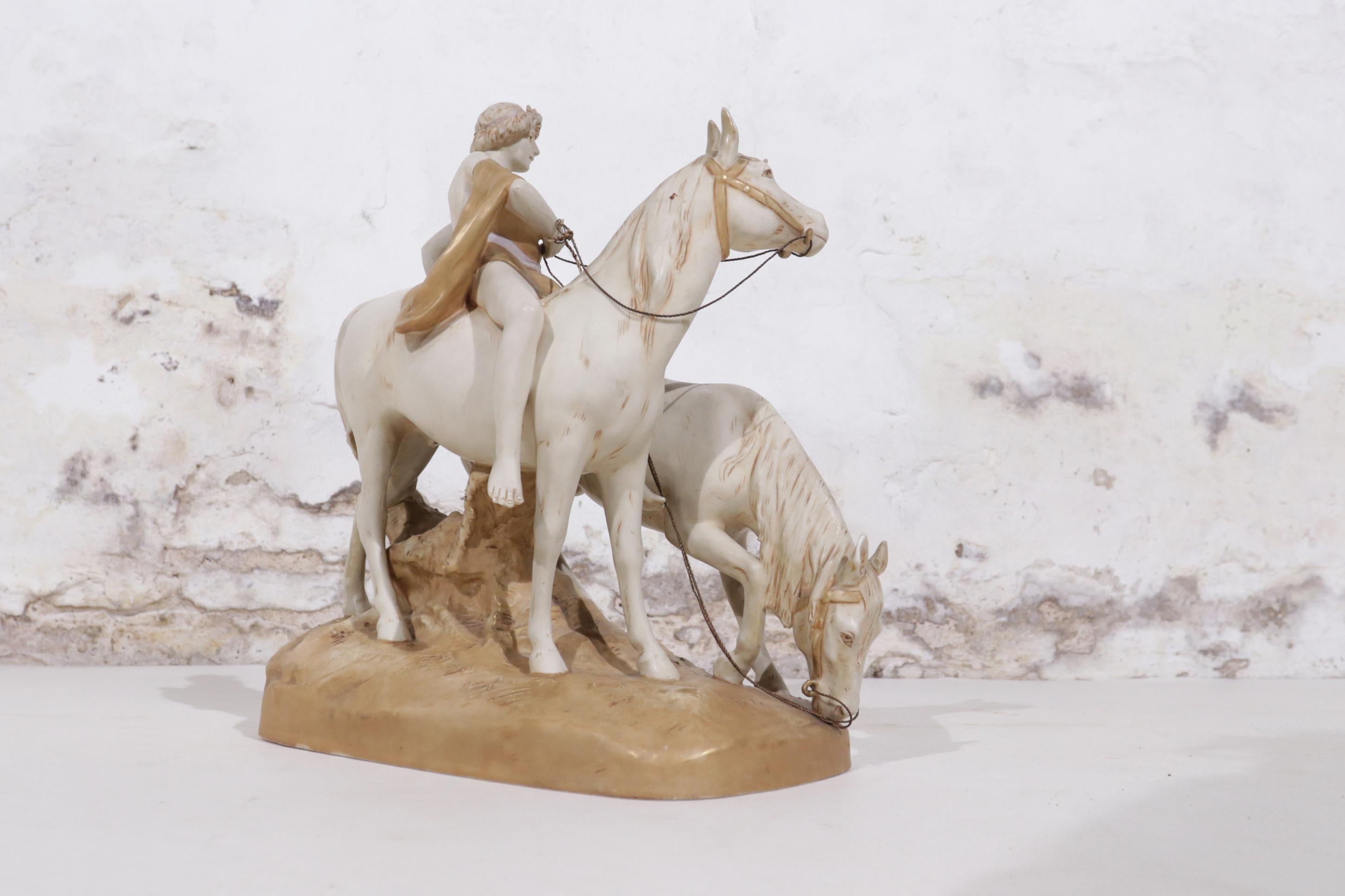Large Centerpiece Royal Dux Antique Group of a Boy Riding Two Horses In Good Condition For Sale In Boven Leeuwen, NL