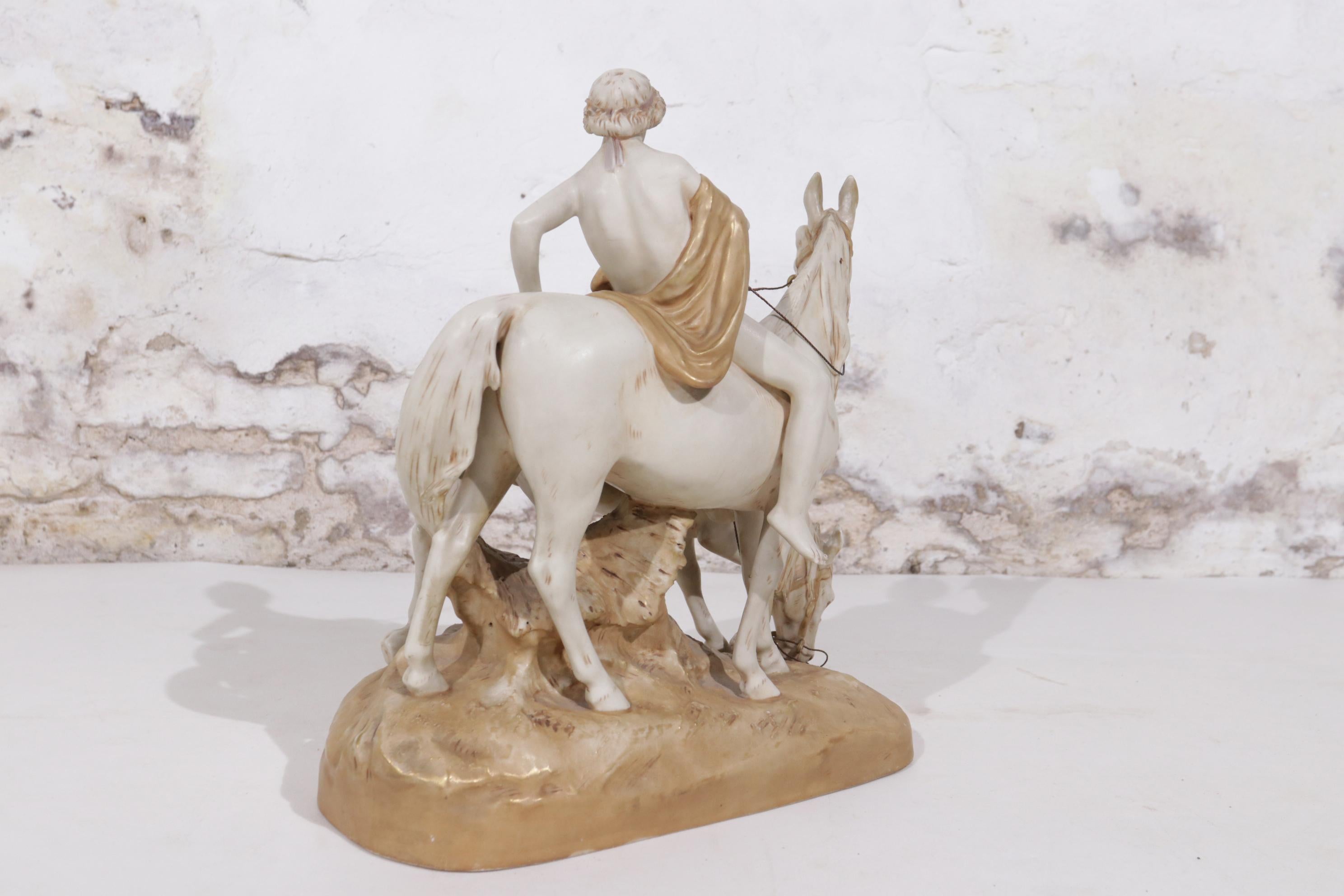 Early 20th Century Large Centerpiece Royal Dux Antique Group of a Boy Riding Two Horses For Sale