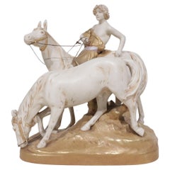 Large Centerpiece Royal Dux Antique Group of a Boy Riding Two Horses