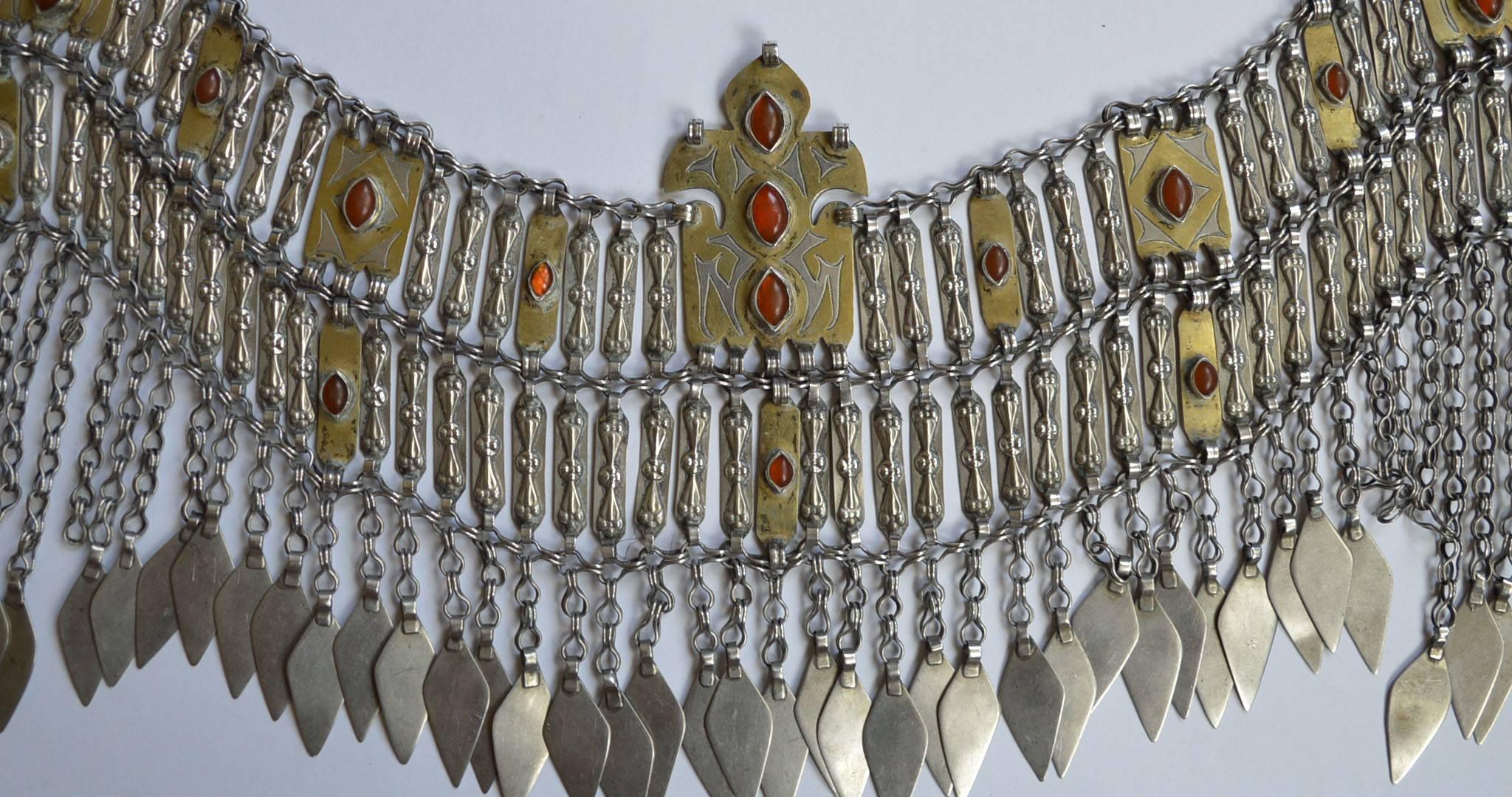 Large antique central Asian Turkmenistan tribal silver gilt breast piece necklace
A very high quality pure grade silver and gilt with agate 
Nice collectible or wearable antique piece in fine condition, requires cord or chain
Period early 20th