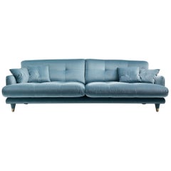 CENTURY Light Blue Quilted Sofa with Satin Brass Tips Covered with Velvet