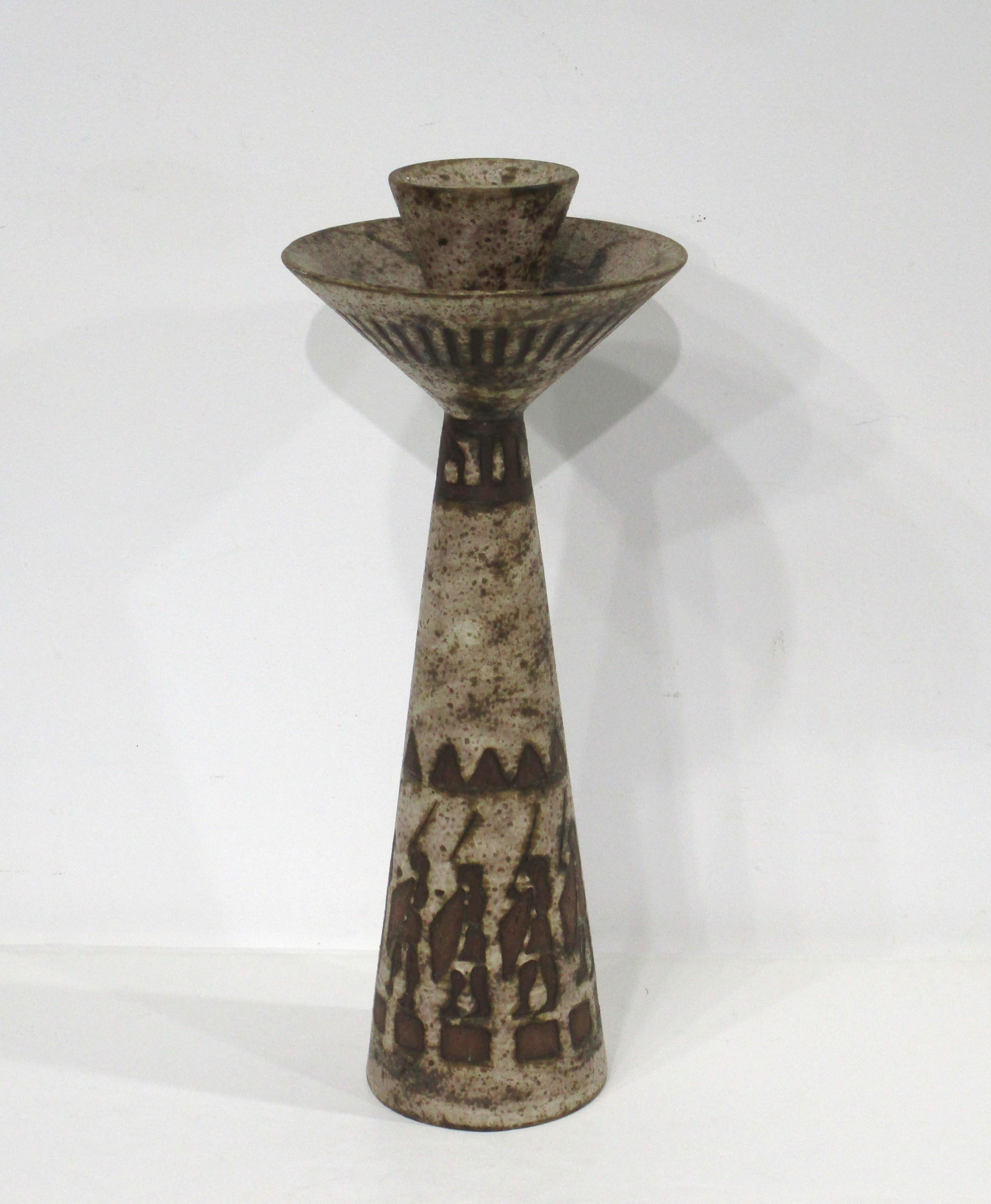 Large Ceramano Tribal Motif Pottery Candlestick by Hans Welling  For Sale 6