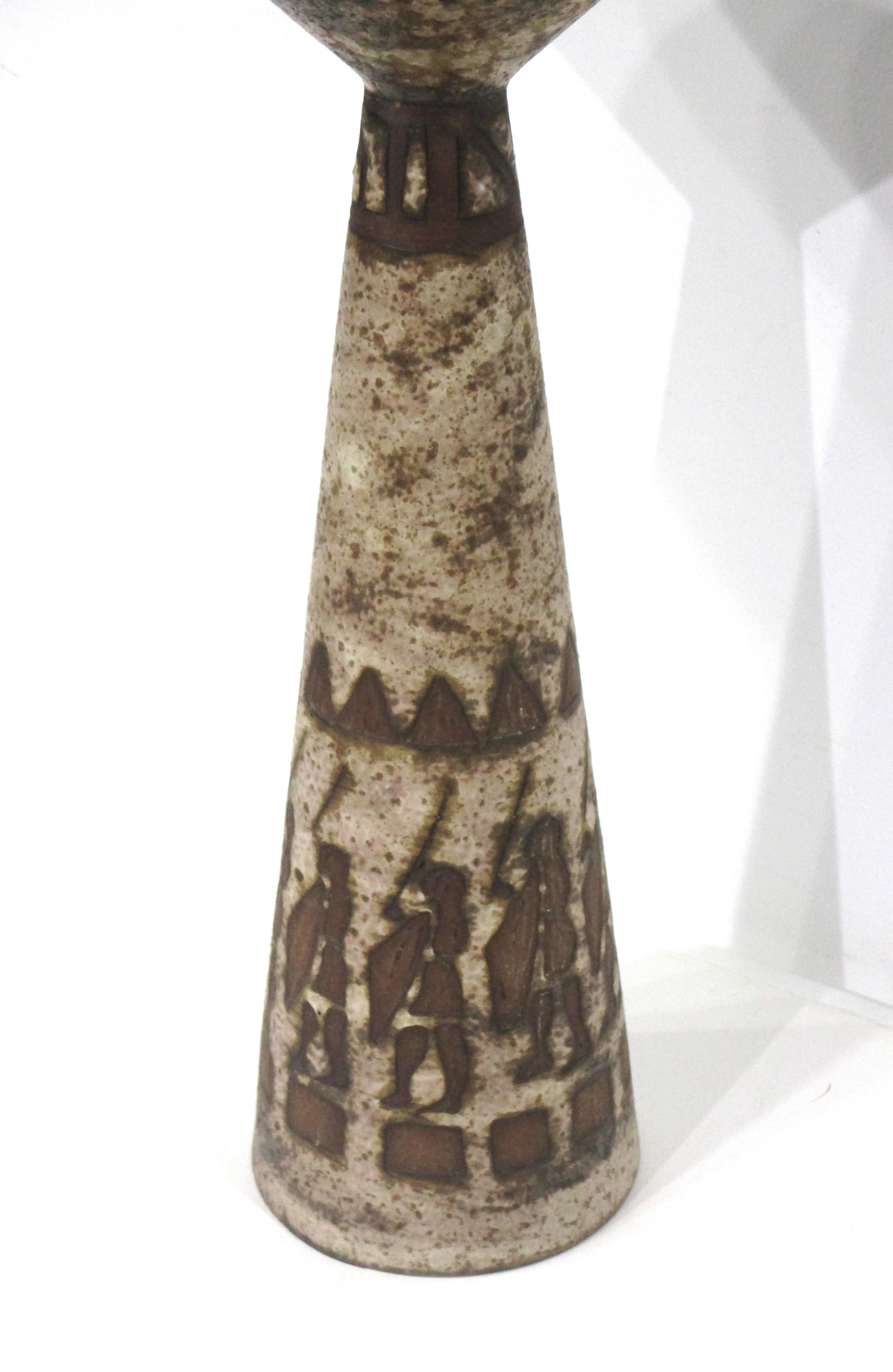 20th Century Large Ceramano Tribal Motif Pottery Candlestick by Hans Welling  For Sale