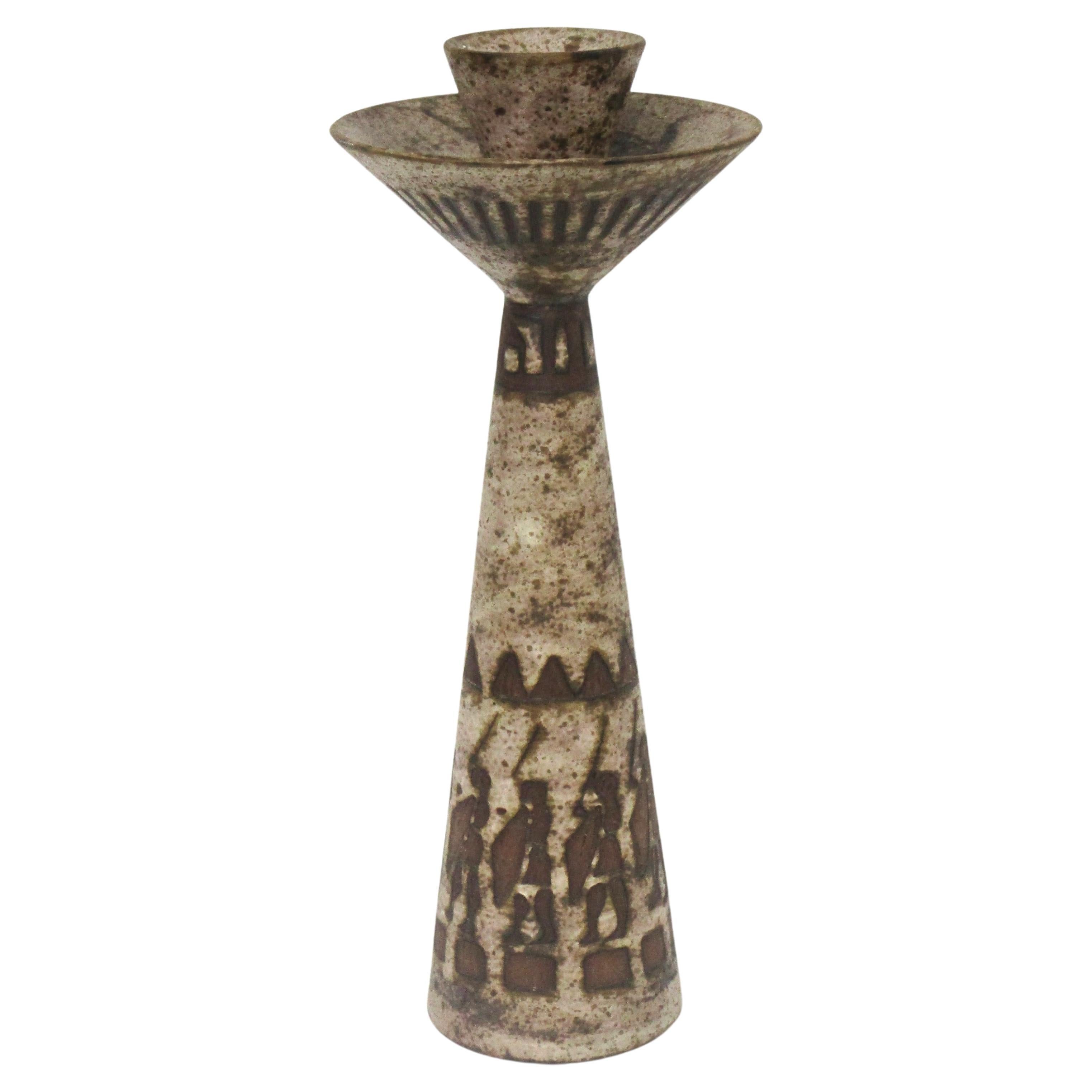 Large Ceramano Tribal Motif Pottery Candlestick by Hans Welling 