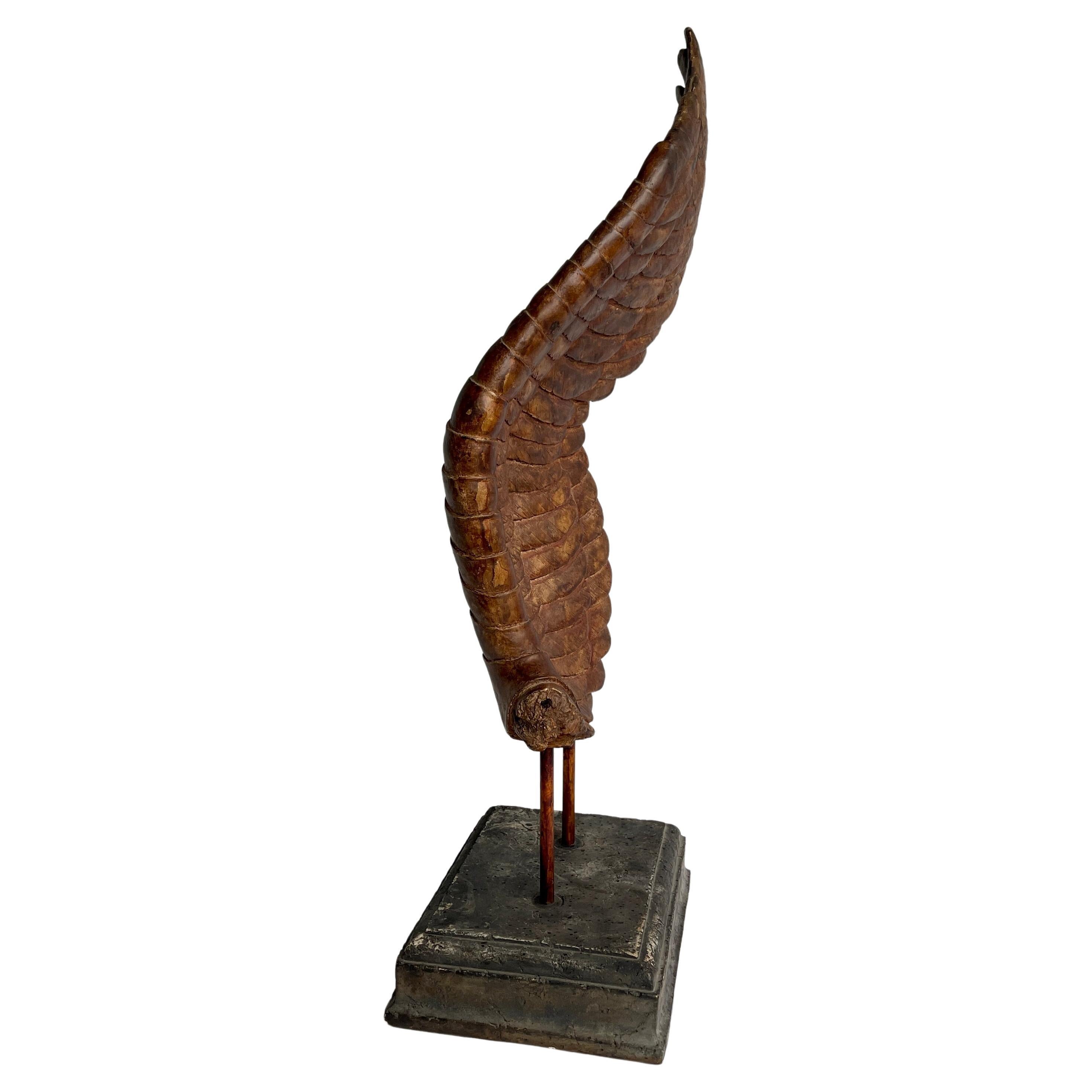 Metal Large Ceramic Angel Wing Sculpture on Stand, Signed