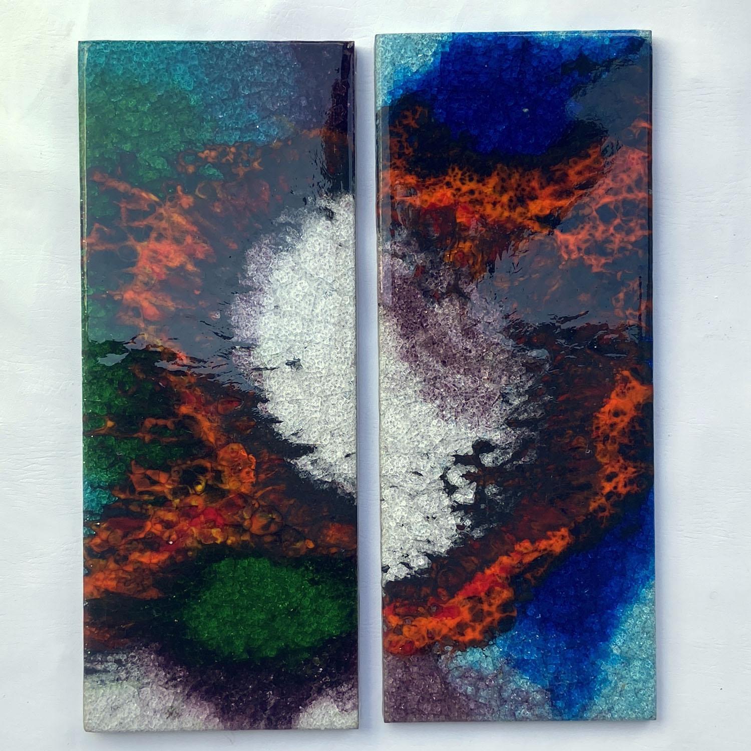 Tedesco Grandi piastrelle d'arte in ceramica con smalti brillanti multicolori 1960 in vendita