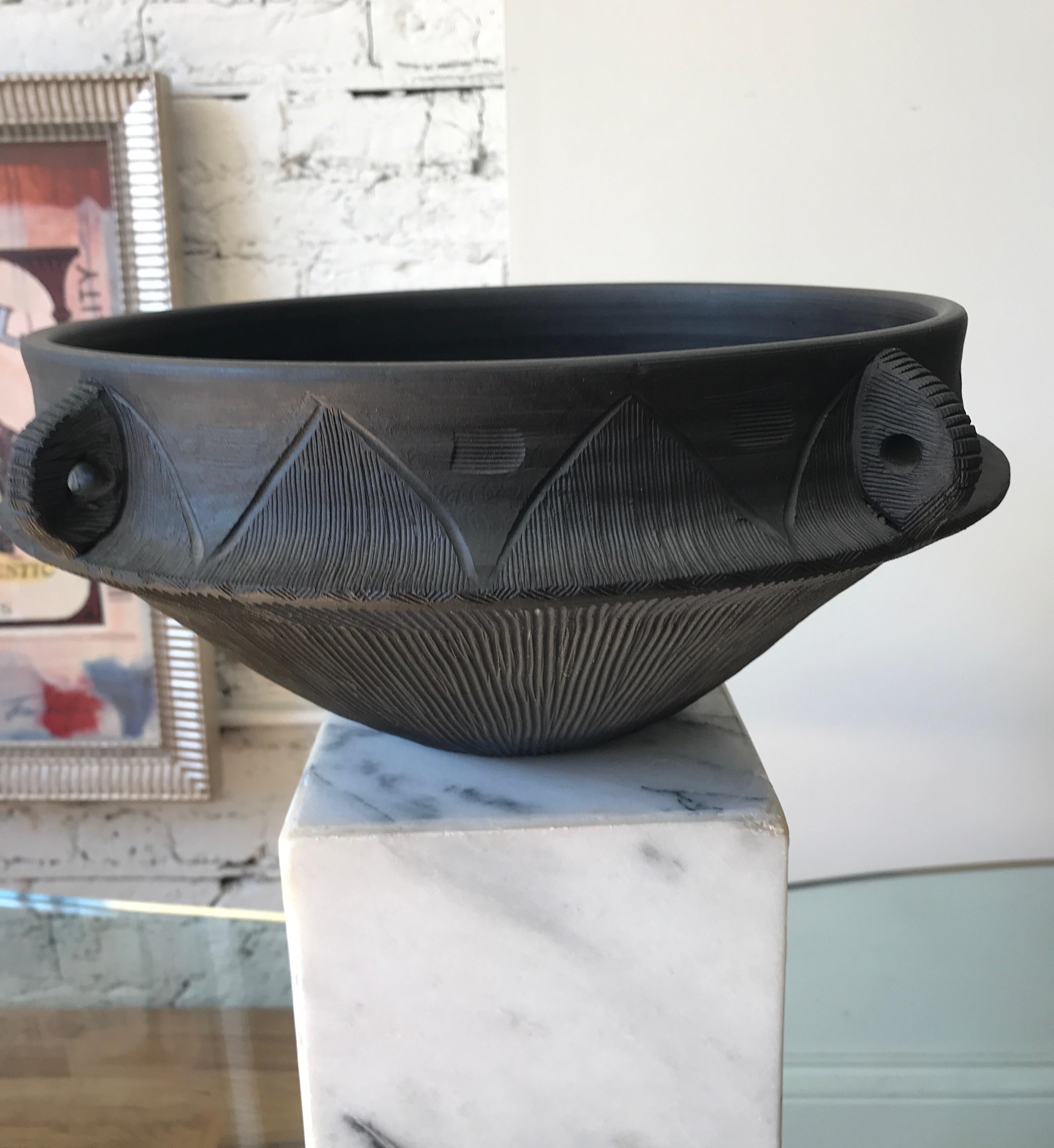 Mid-Century Modern Large Ceramic Black Matte Midcentury Bowl