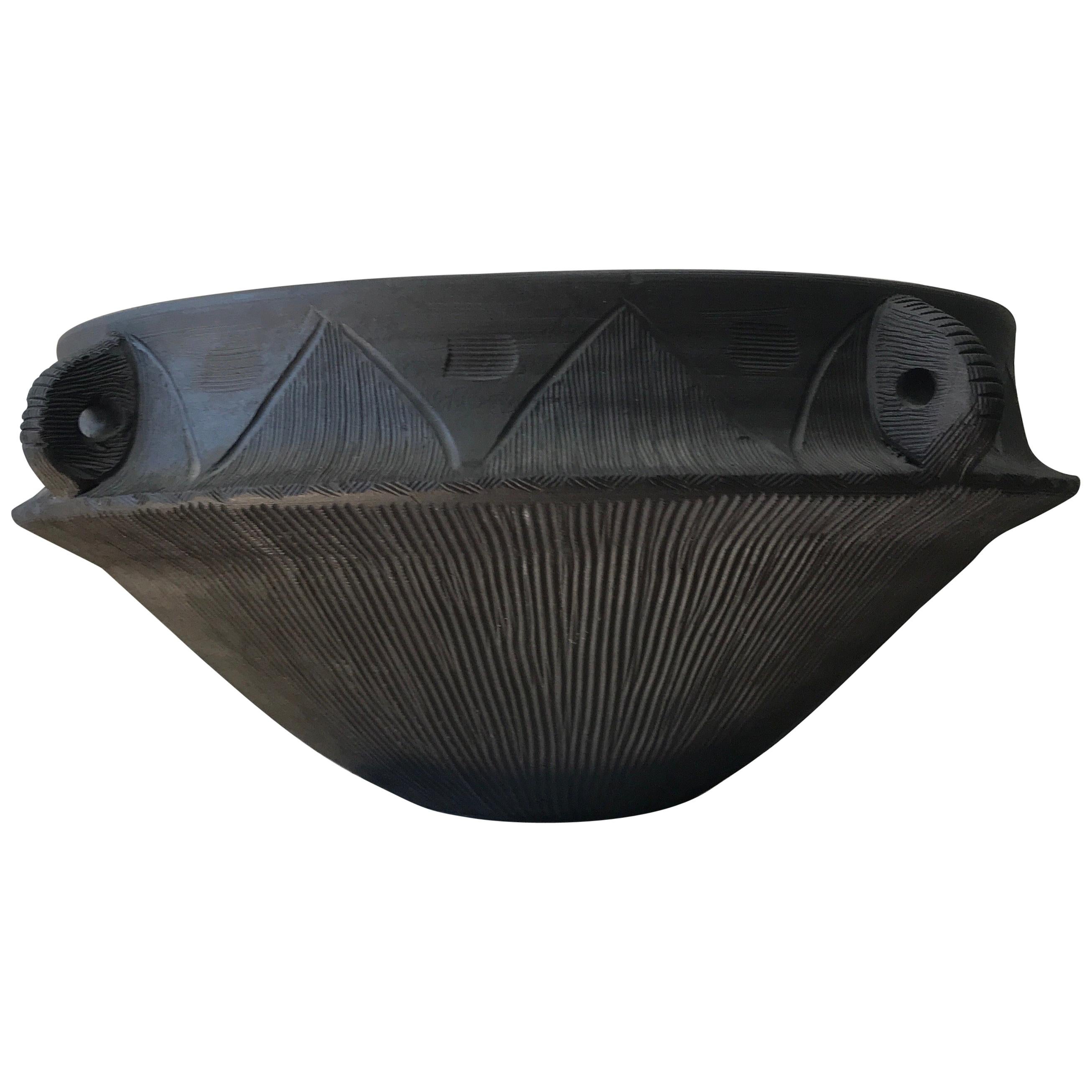 Large Ceramic Black Matte Midcentury Bowl