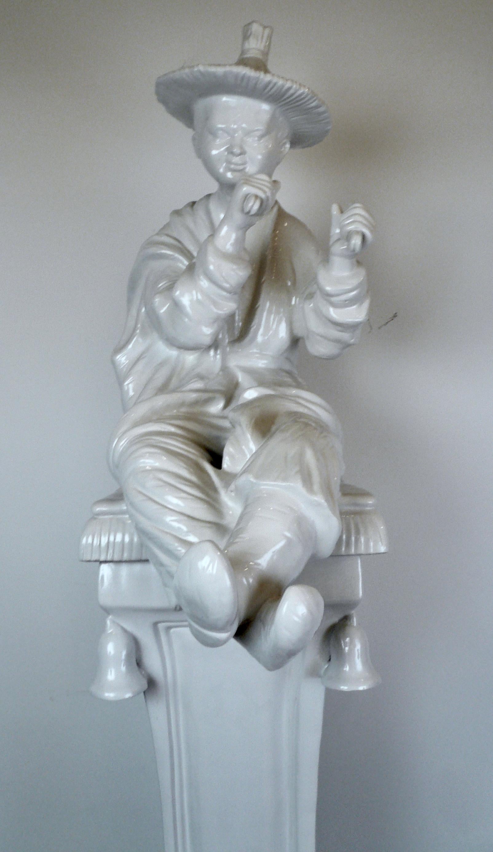 Chinoiserie Large Ceramic Blanc de Chine Figure of a Chinese Musician on Pedestal