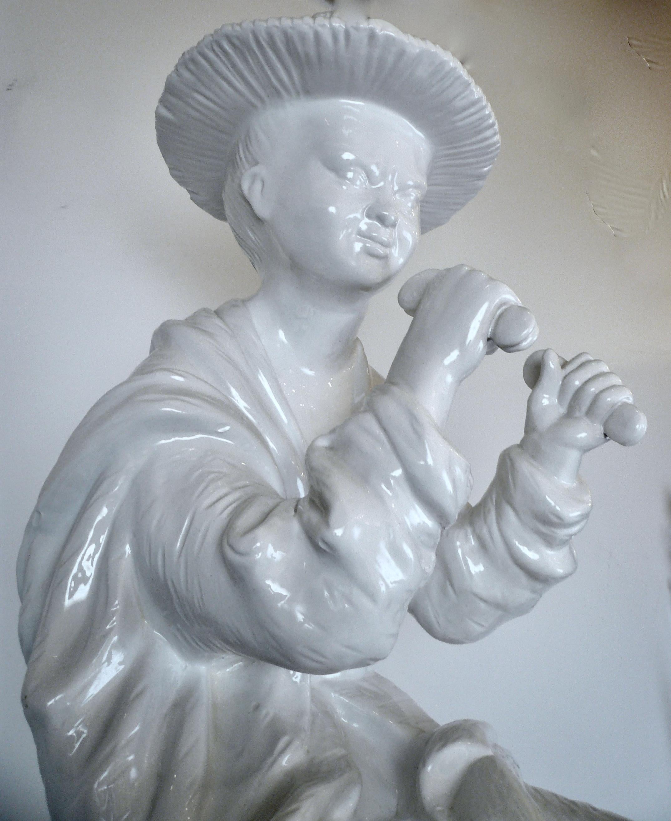 Glazed Large Ceramic Blanc de Chine Figure of a Chinese Musician on Pedestal