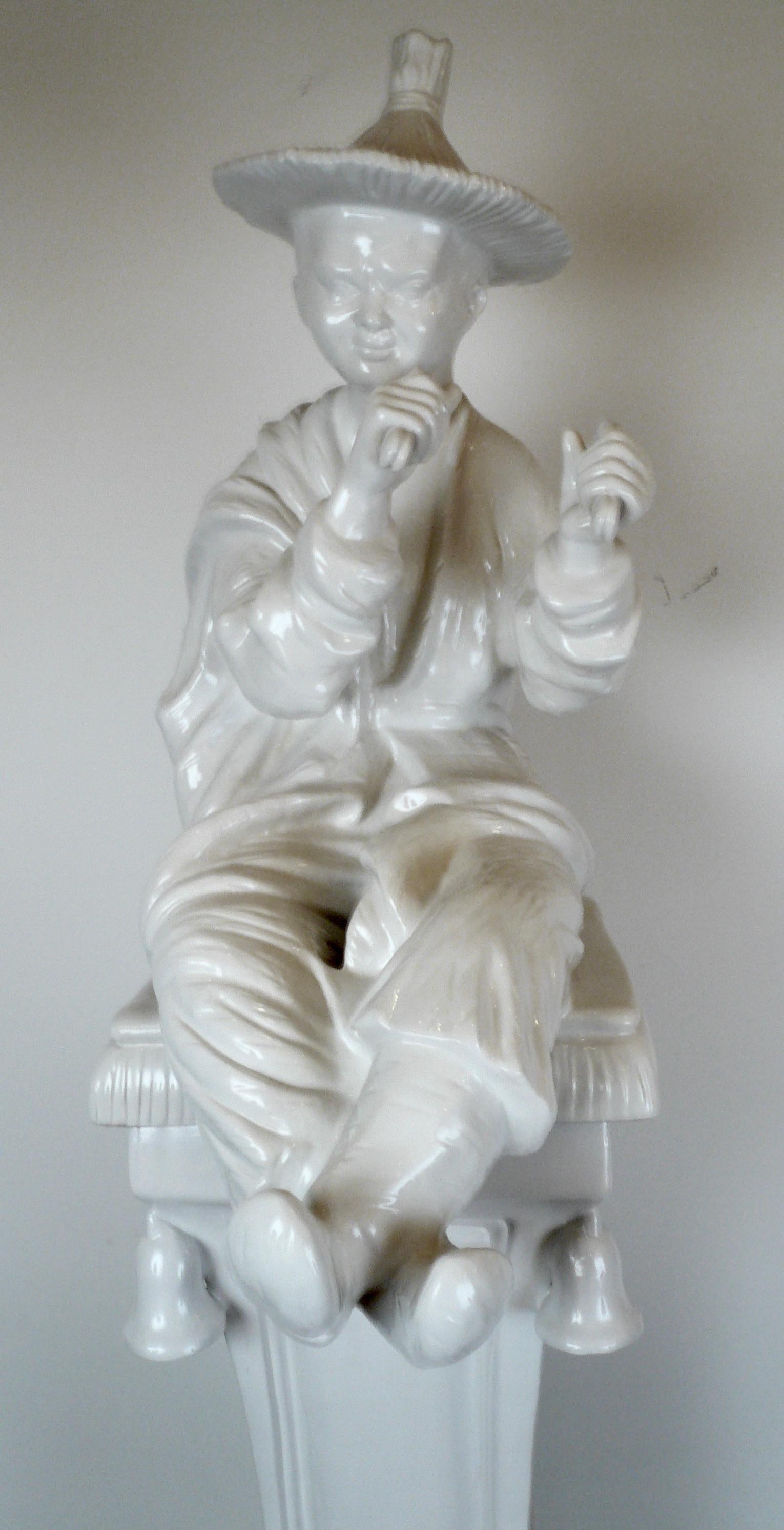 Large Ceramic Blanc de Chine Figure of a Chinese Musician on Pedestal In Good Condition In Pittsburgh, PA