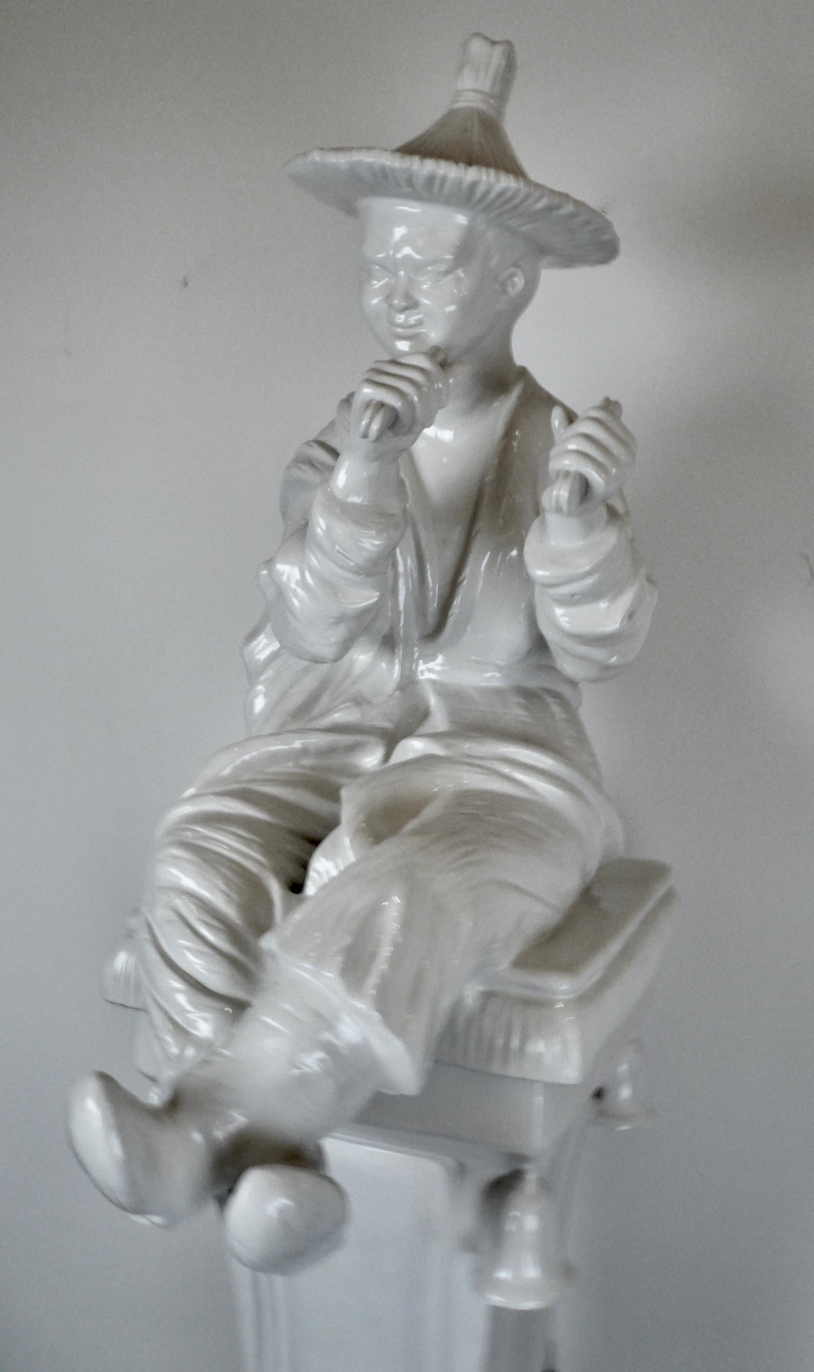 20th Century Large Ceramic Blanc de Chine Figure of a Chinese Musician on Pedestal