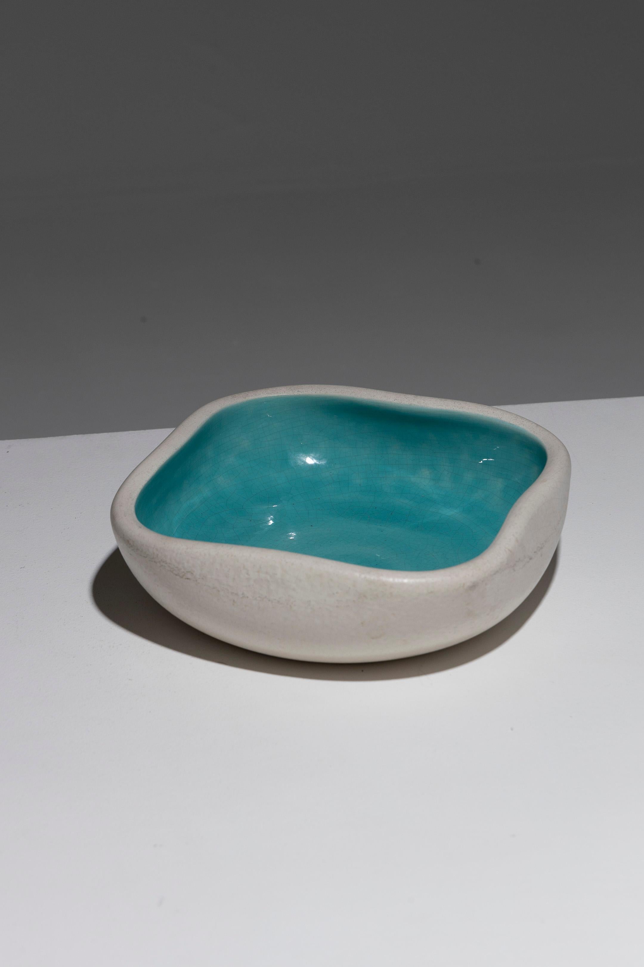 Large Ceramic Bowl or Salad Bowl by Keramos, 1950s. Square in shape with rounded corners, the interior is glazed in light turquoise, while the exterior features a matte white finish. Signed under the base 
