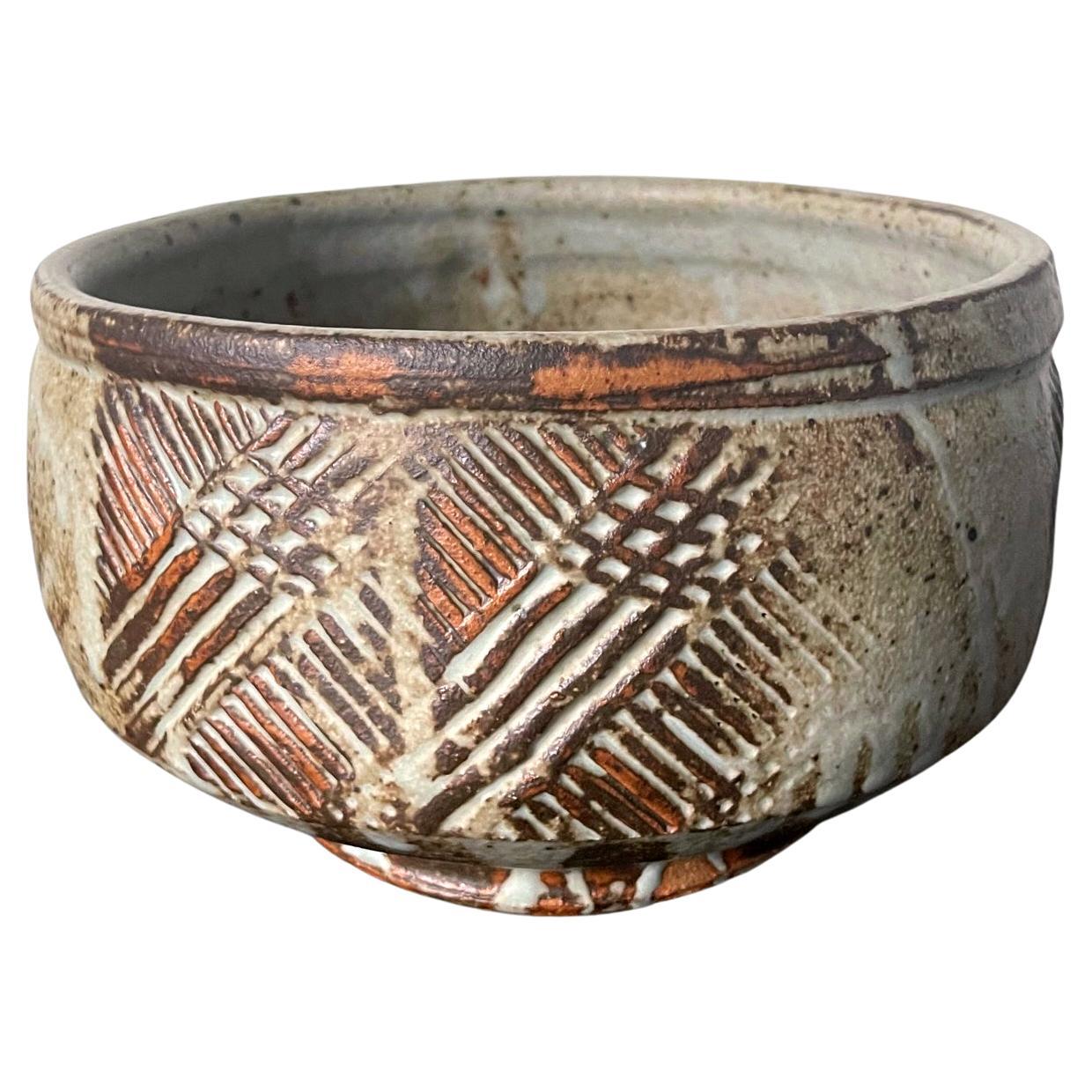Large Ceramic Bowl with Carving by Warren Mackenzie For Sale