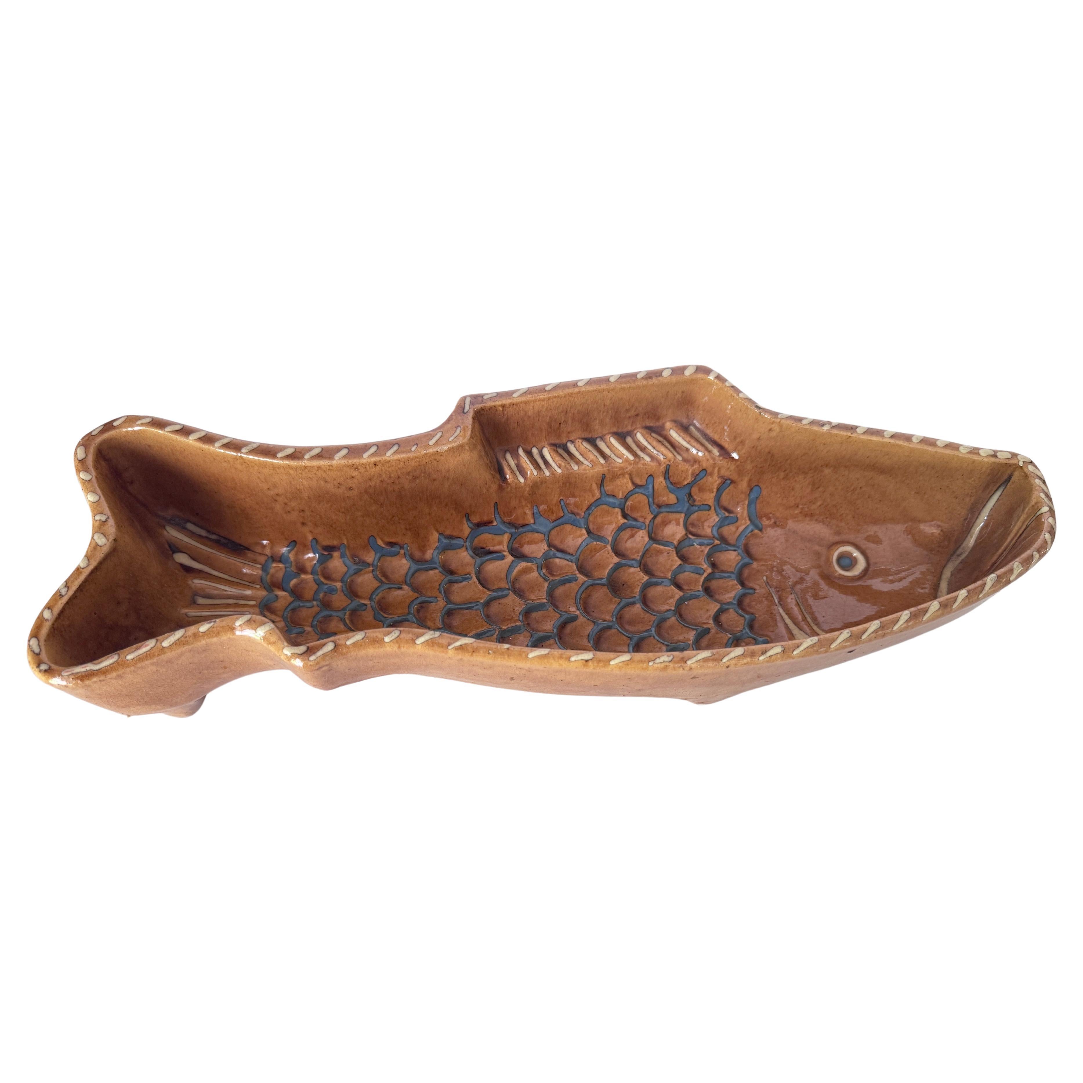 Large Ceramic Brown Vide Poche in a Fish Form Circa 1960 Italy For Sale