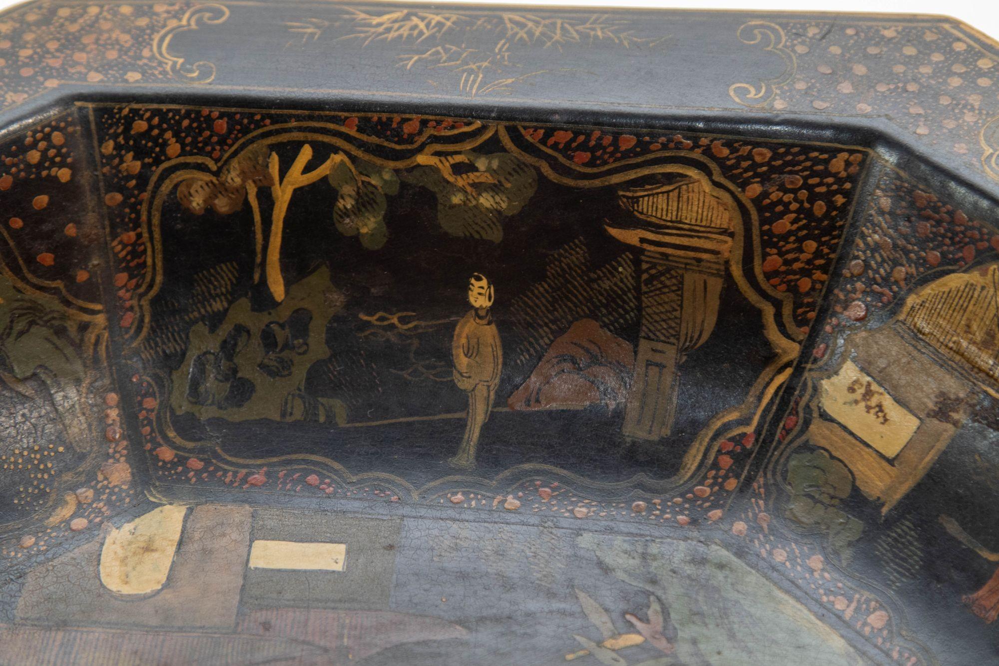 Large Ceramic Chinese Platter in Black Gilt Hand Painted Octagonal Shape 1940s For Sale 11