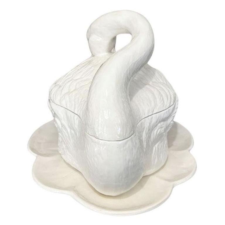 American Large Ceramic Cream Covered Swan Tureen With Feather Ladle and Serving Plate For Sale