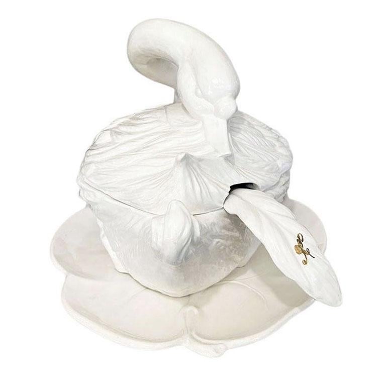 20th Century Large Ceramic Cream Covered Swan Tureen With Feather Ladle and Serving Plate For Sale