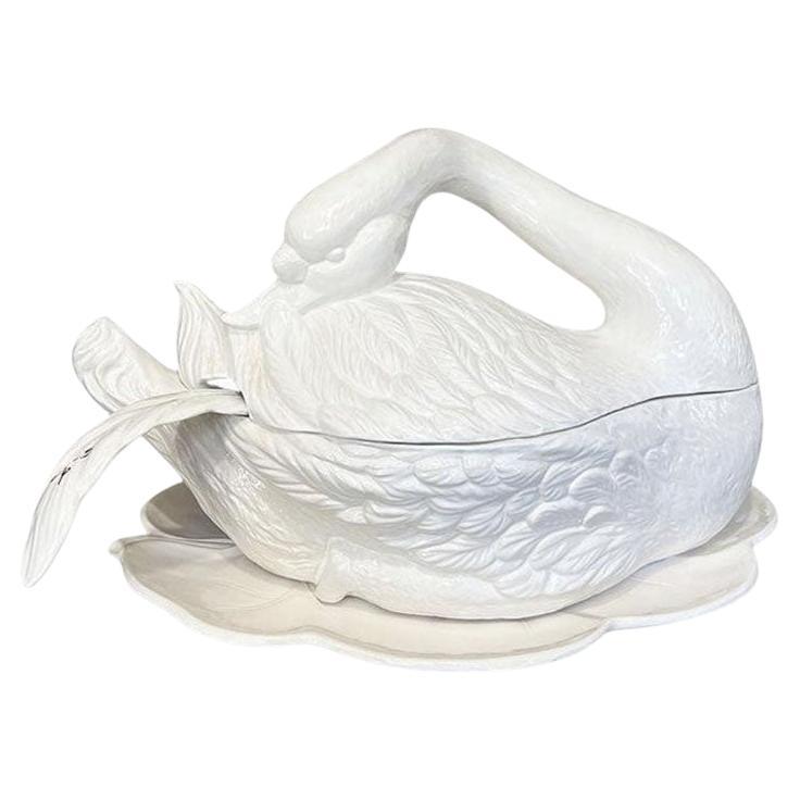 Large Ceramic Cream Covered Swan Tureen With Feather Ladle and Serving Plate