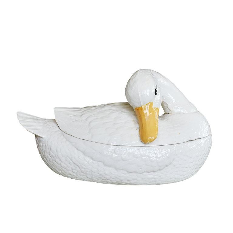 American Large Ceramic Cream Painted Covered Duck Tureen with Feather Ladle For Sale