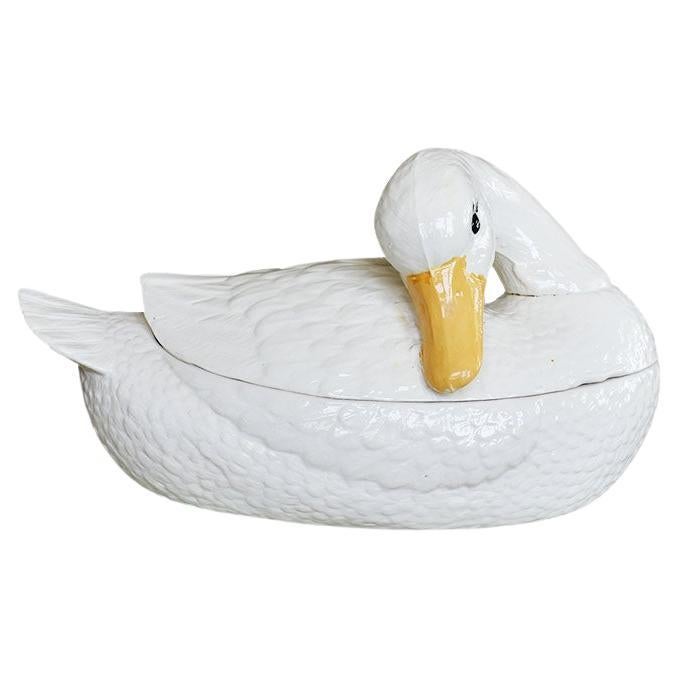 Large Ceramic Cream Painted Covered Duck Tureen with Feather Ladle For Sale