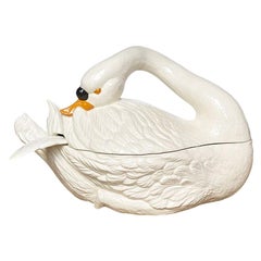 Large Ceramic Cream Painted Covered Swan Tureen with Feather Ladle
