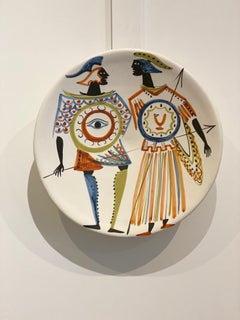 Large Ceramic Decorative Dish with Characters Signed by Roger Capron, 1955