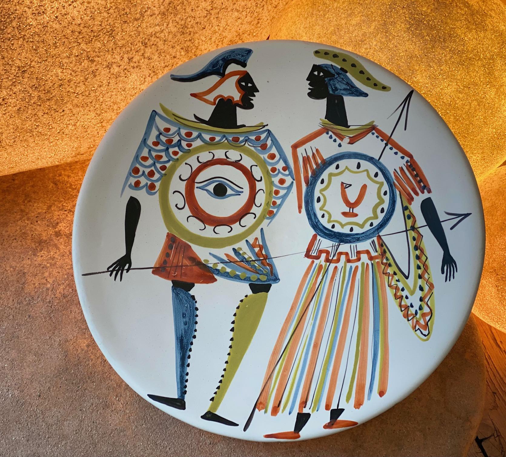 Mid-20th Century Large Ceramic Decorative Dish with Characters Signed by Roger Capron, 1955 For Sale