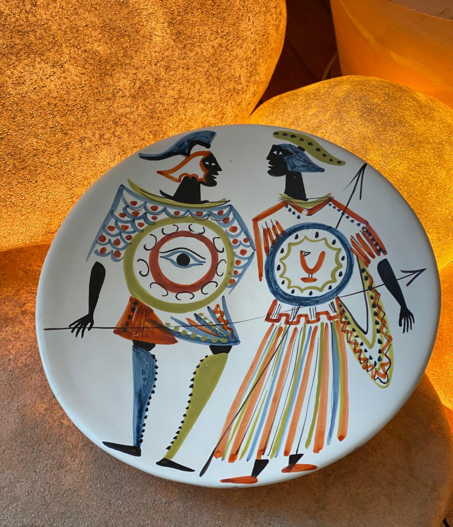 Large Ceramic Decorative Dish with Characters Signed by Roger Capron, 1955 For Sale 1