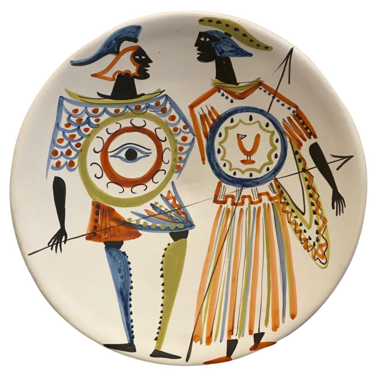 Large Ceramic Decorative Dish with Characters Signed by Roger Capron, 1955 For Sale