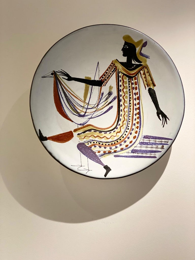 Large Ceramic Decorative Dish "Woman and Bird" Signed by Roger Capron