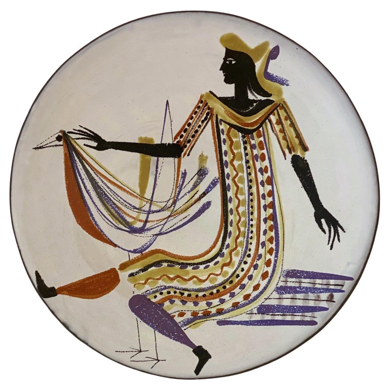 Grand plat décoratif en céramique « Femme et oiseau » signé par Roger Capron, 1955