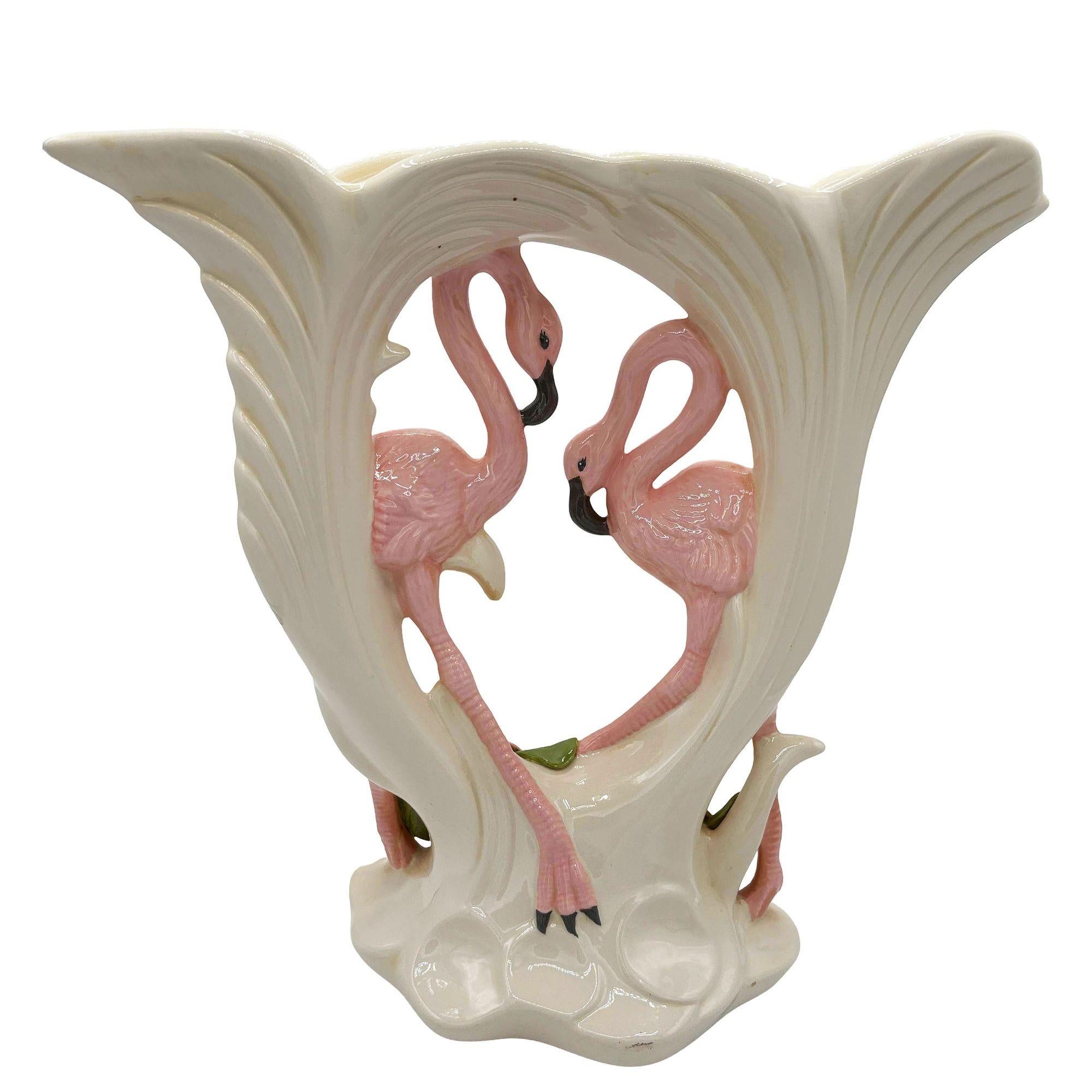 Large Post-Modern one-of-a-kind white handmade vase with 2 pink flamingos with a pink Anthuriums bouquet by Kandice in Kona, Hawaii. The vase features a beautifully detailed pair of pink flamingos attached to a V-shaped vase. It comes in a gloss