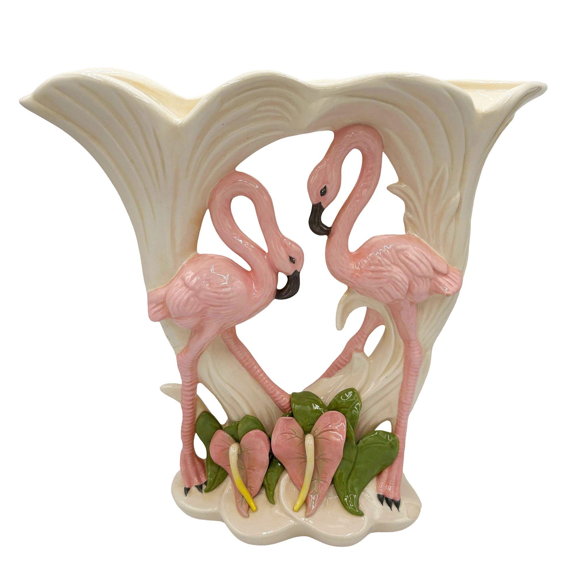 Post-Modern Large Ceramic Flamingo Tropical Flower Table Vase by Kandice Hawaii 1989 For Sale