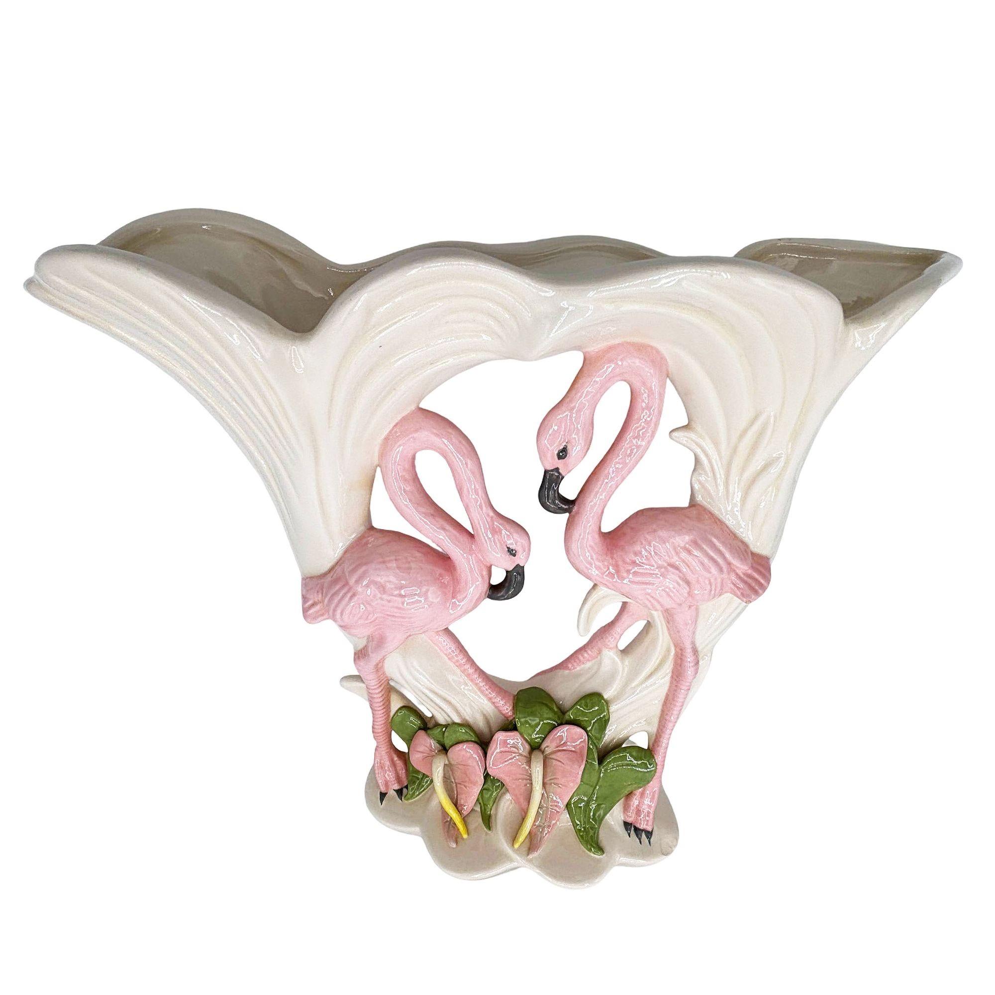American Large Ceramic Flamingo Tropical Flower Table Vase by Kandice Hawaii 1989 For Sale