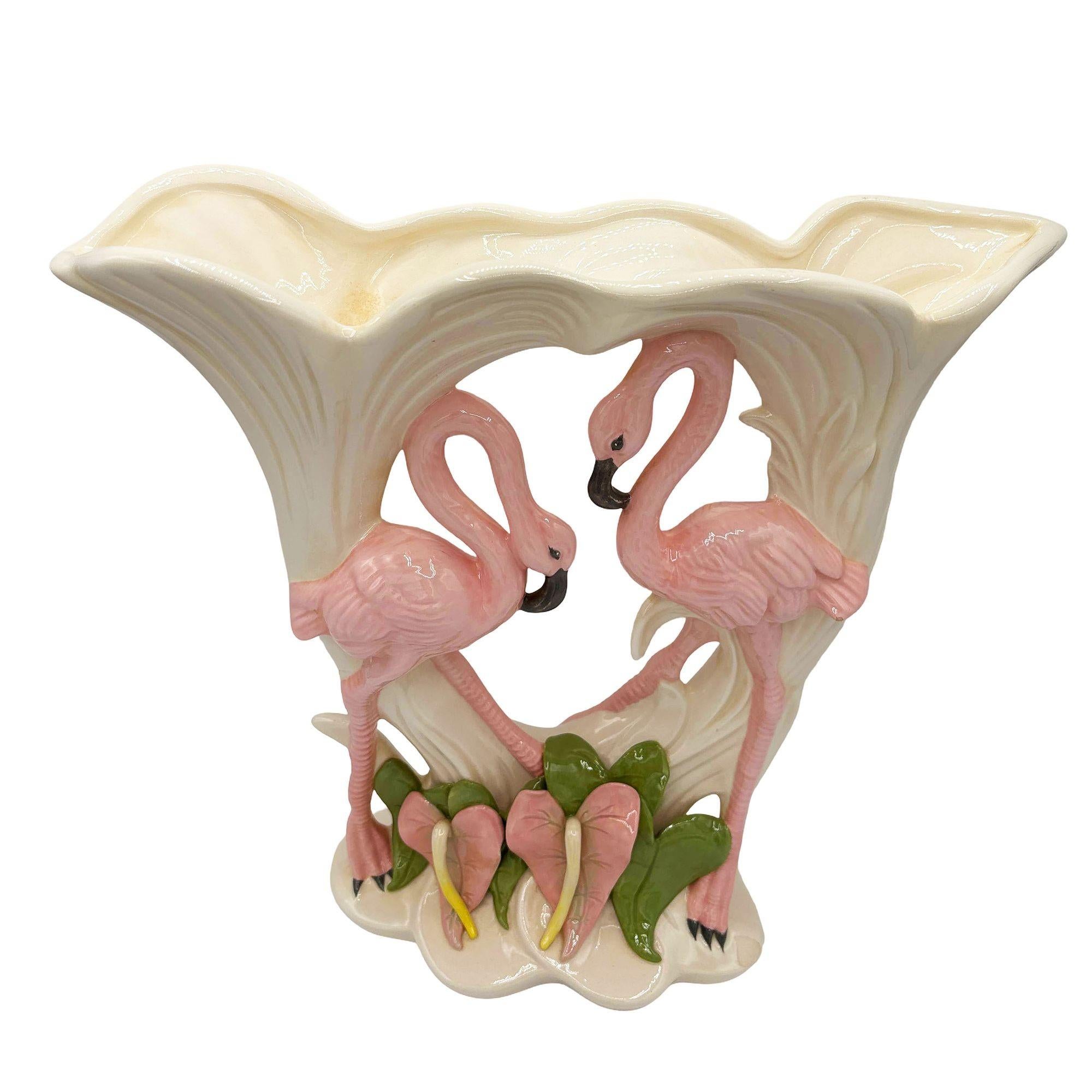 Large Ceramic Flamingo Tropical Flower Table Vase by Kandice Hawaii 1989 In Excellent Condition For Sale In Van Nuys, CA