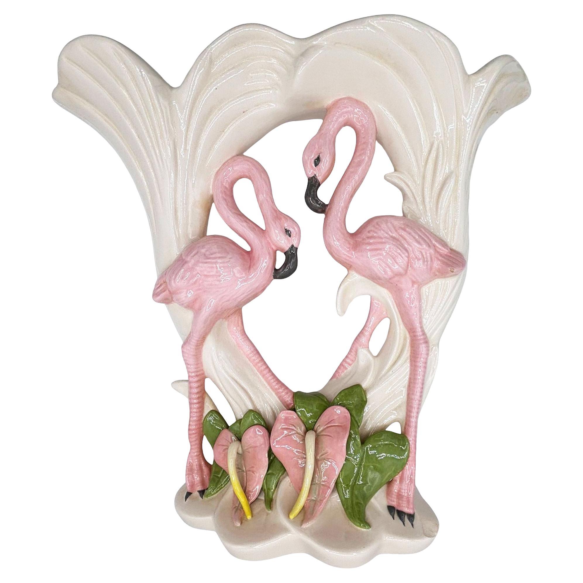 Large Ceramic Flamingo Tropical Flower Table Vase by Kandice Hawaii 1989 For Sale