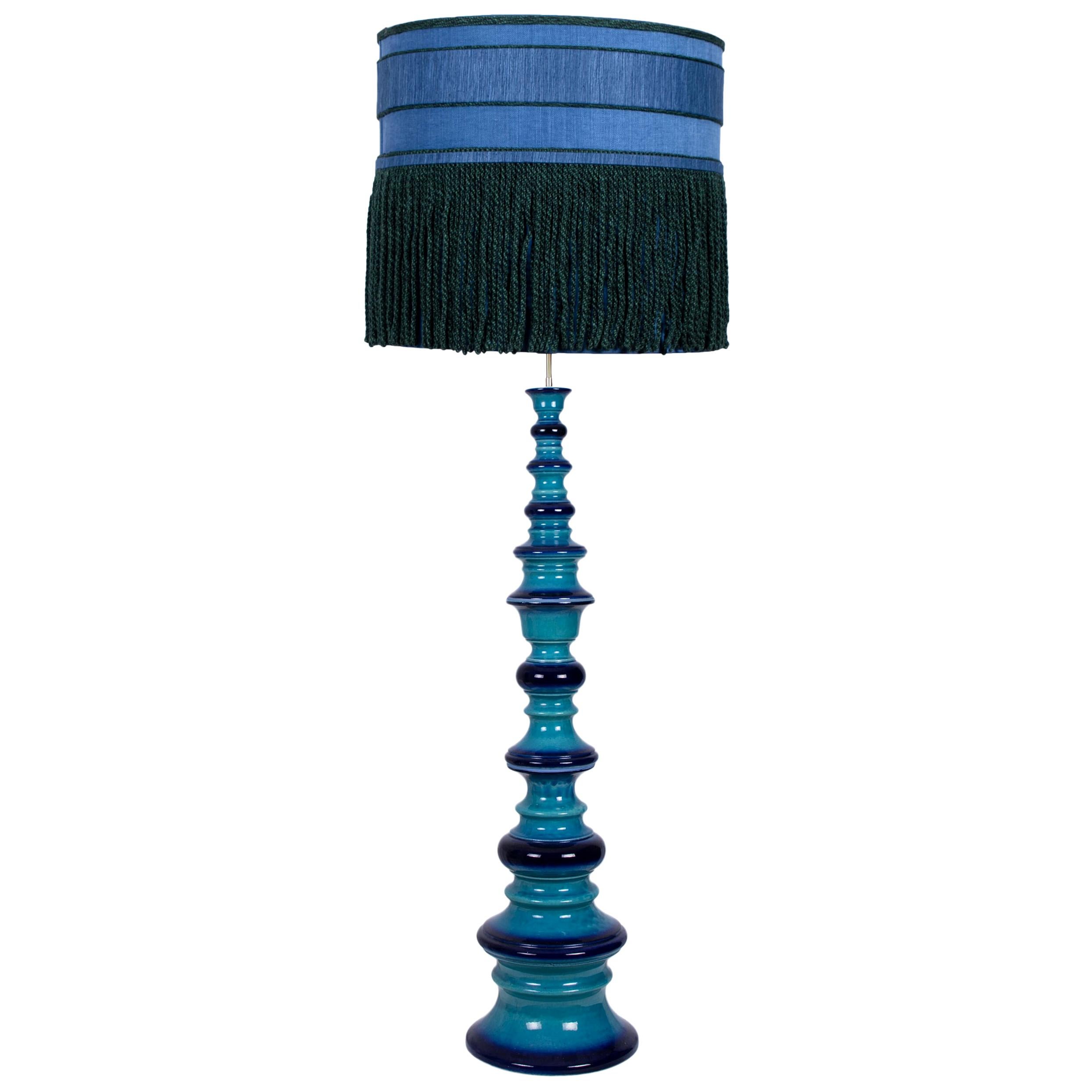 Exceptional large ceramic bubble floor lamp, Germany, 1960s. A sculptural high-end piece made of handmade ceramic in rich glazed blue tones. With a new custom made blue silk lamp shade by René Houben. With Fringes from Houles Paris and a warm