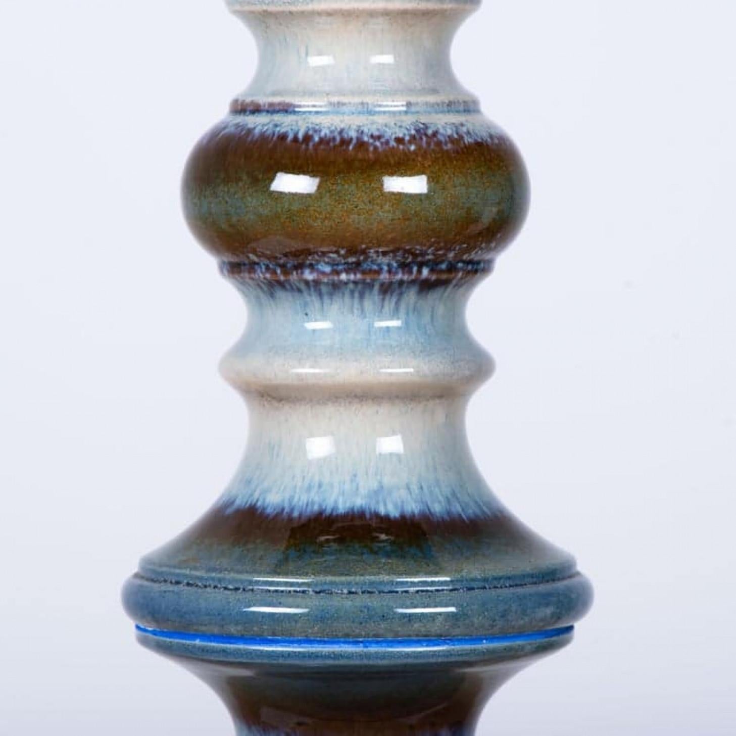 Beautiful ceramic bubble table or floor lamp, Germany, 1960s. A sculptural piece made of handmade ceramic in rich glazed blue, ivory and brown tones. With a new matching custom made blue silk lamp shade with warm bronze or gold inner, shade by René