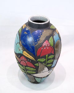Large Ceramic Floor Vase Decorated in motifs of birds and flowers