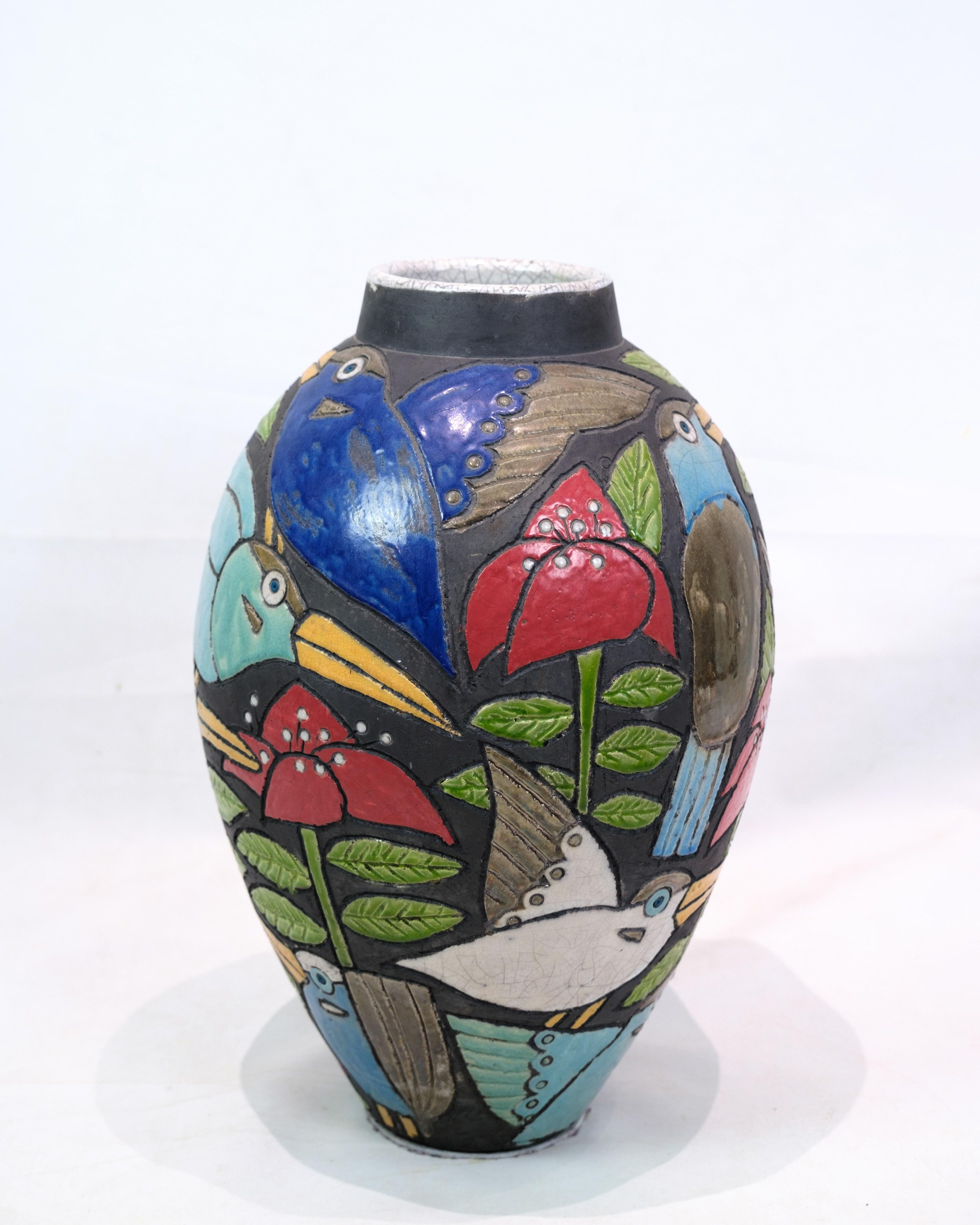 Scandinavian Modern Large Ceramic Floor Vase Decorated in motifs of birds and flowers  For Sale