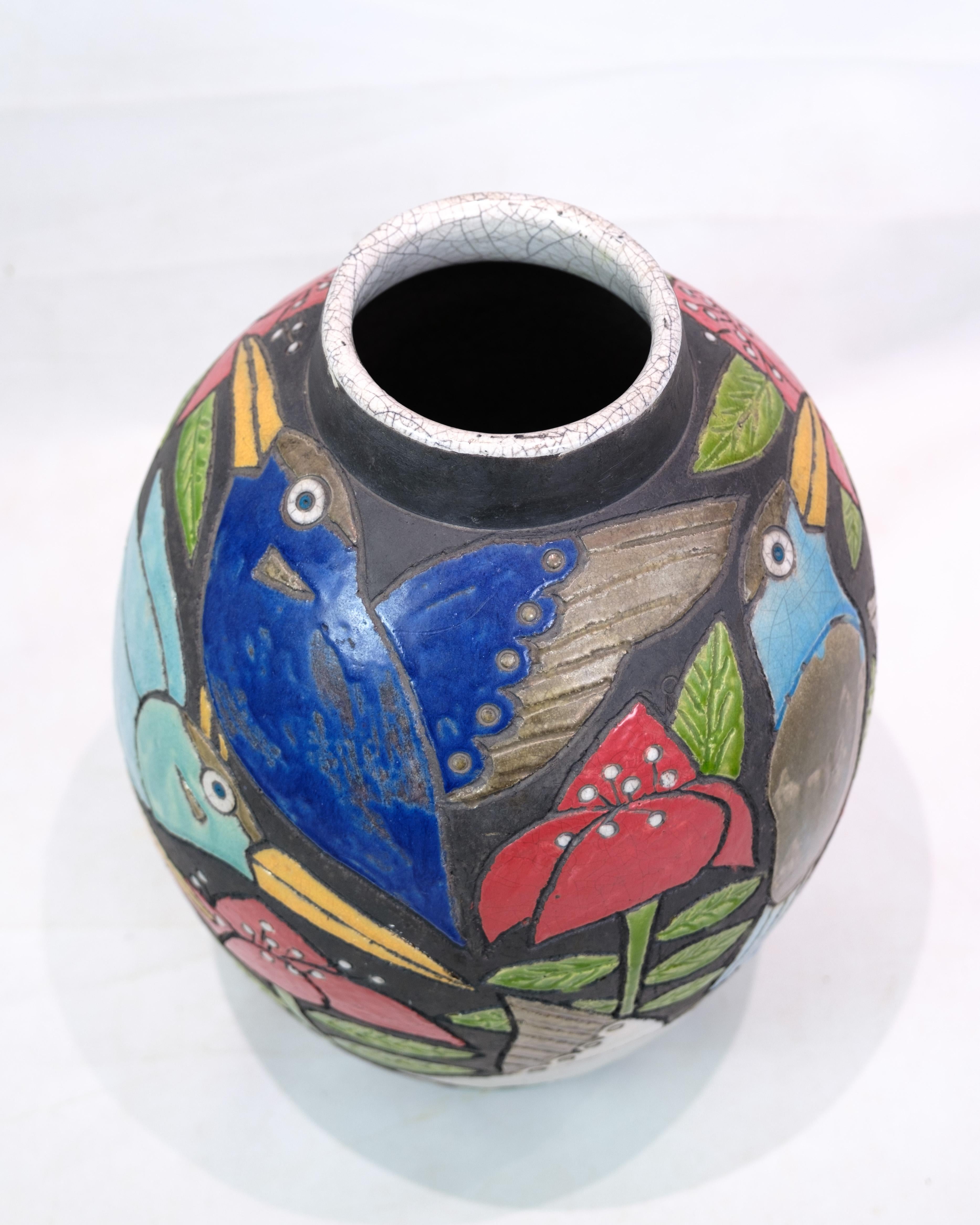 Große Bodenvase aus Keramik mit Motiven von Vögeln und Blumen  (Dänisch) im Angebot