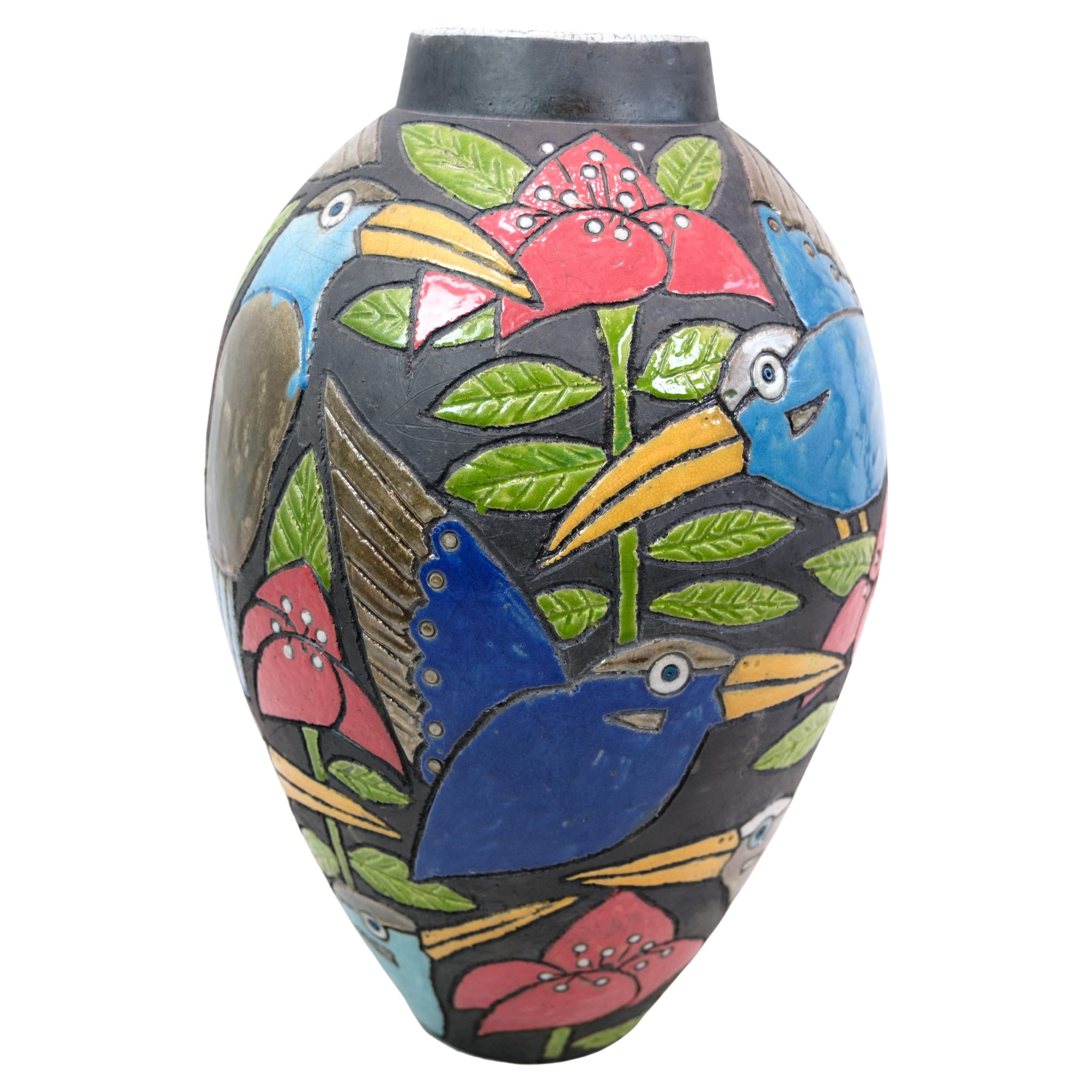 Große Bodenvase aus Keramik mit Motiven von Vögeln und Blumen  im Angebot