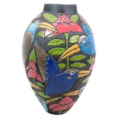 Large Ceramic Floor Vase Decorated in motifs of birds and flowers 