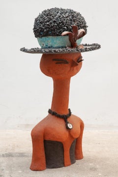 Large Ceramic Girl with Blue Hat, Created in Belgium, 1960s