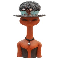 Vintage Large Ceramic Girl with Blue Hat, Created in Belgium, 1960s