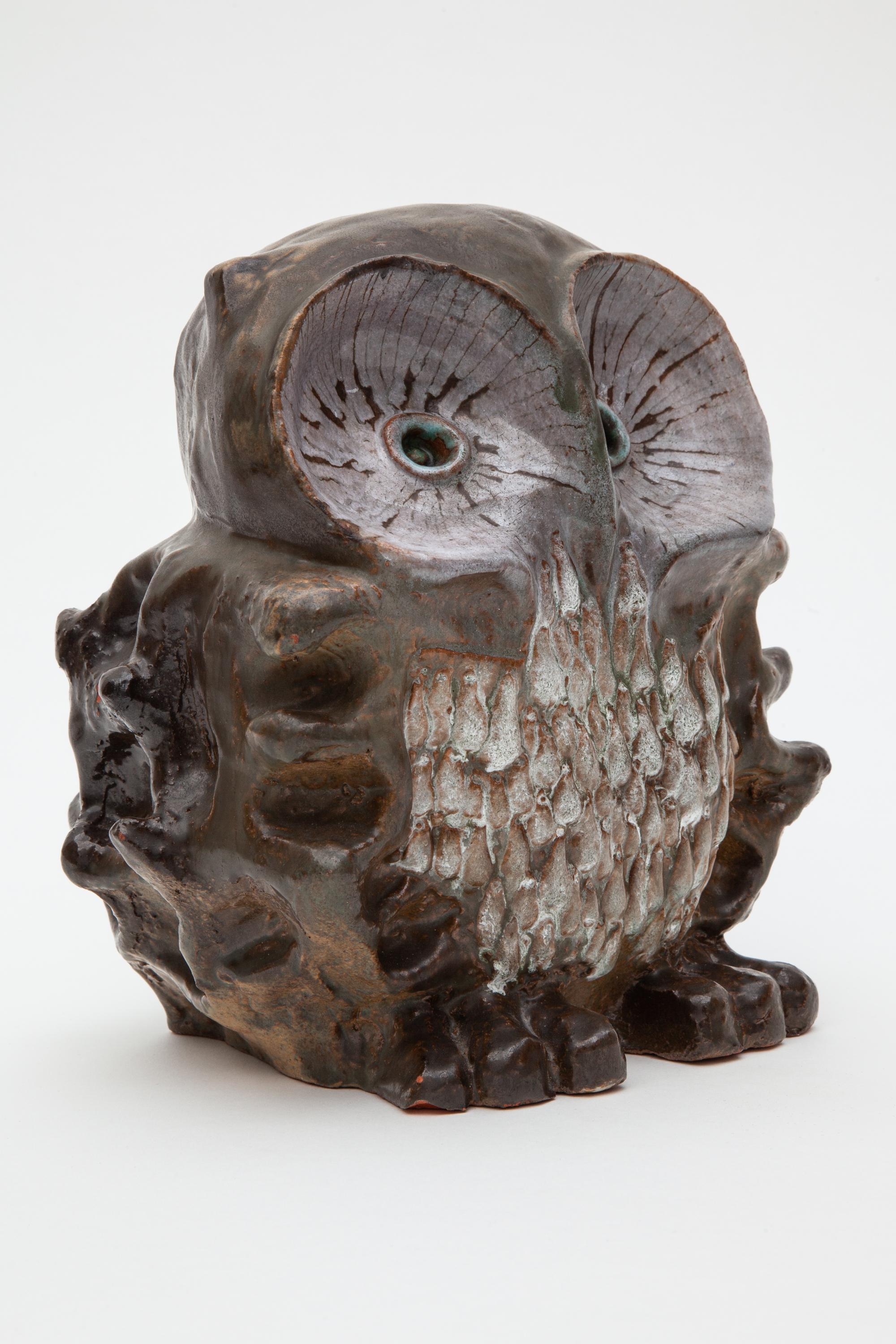 Mid-Century Modern Large Ceramic Glazed Owl Sculpture by Perignem, 1970s Belgium