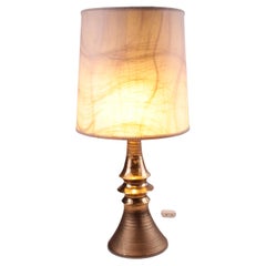 Retro Large ceramic gold table lamp hand turned with original shade from the 1970s