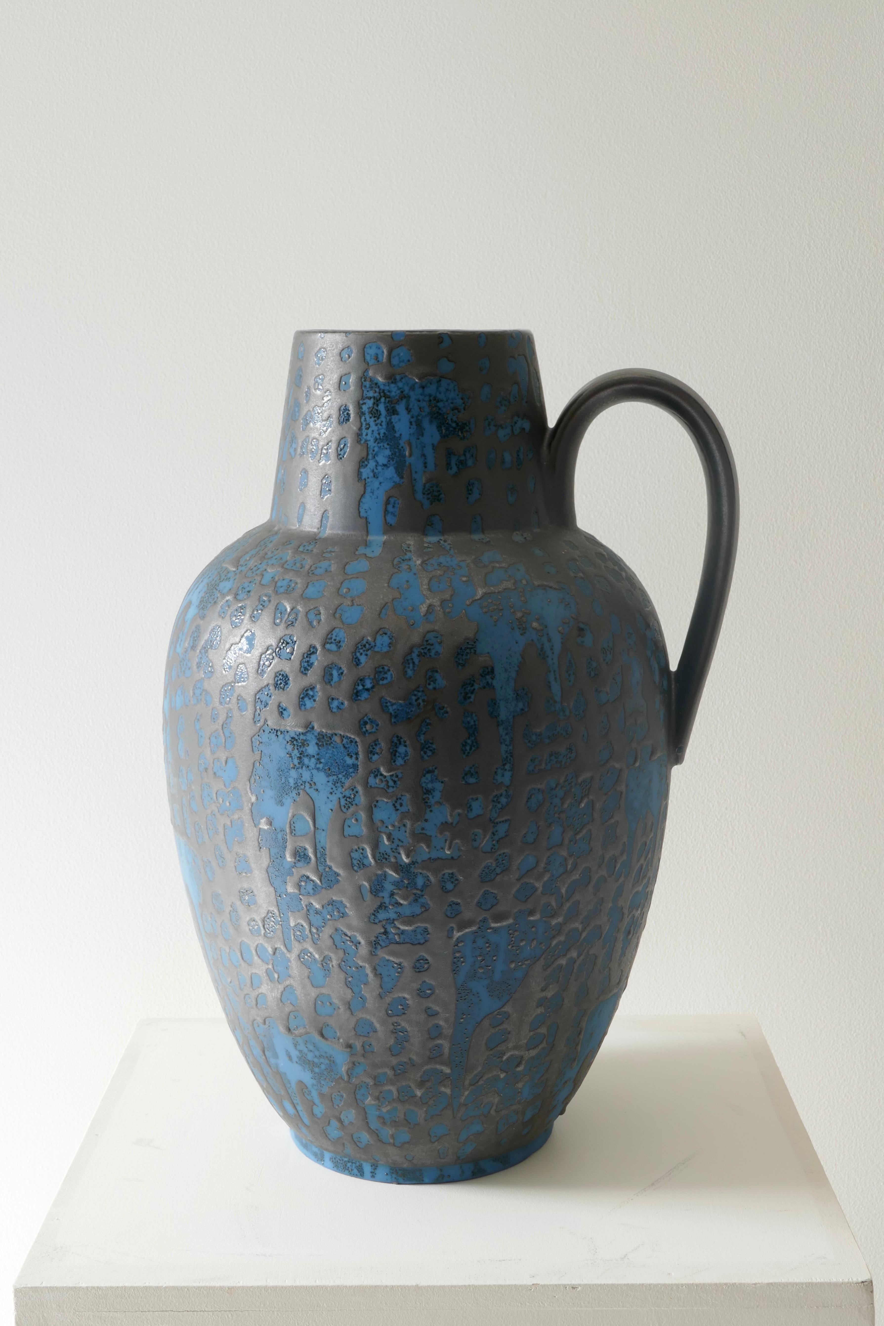 Mid-Century Modern Large Ceramic Graphite and Blue Vase, West Germany 1970's For Sale