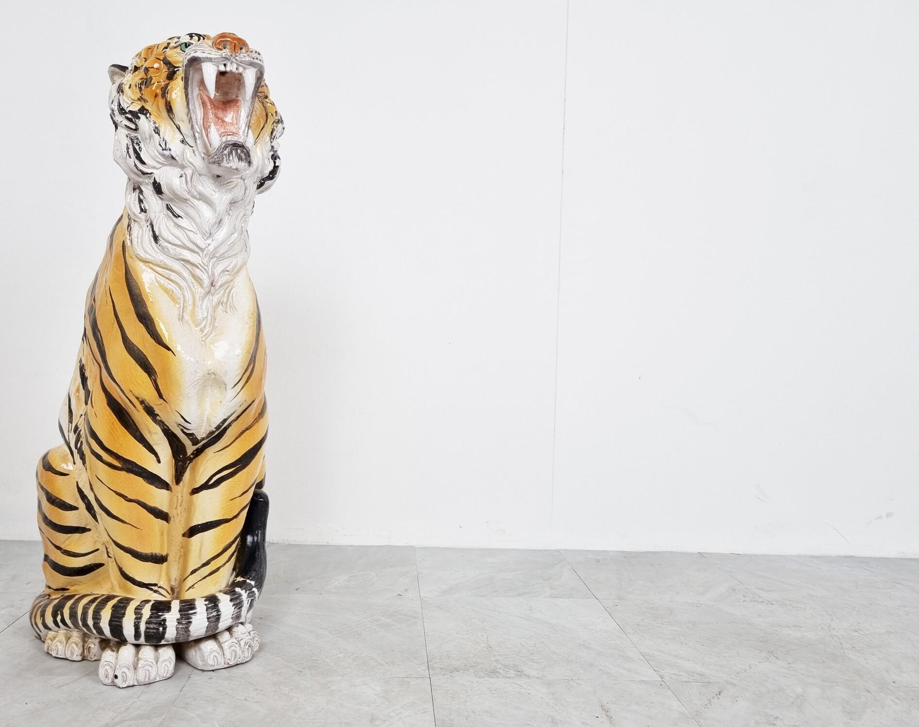 Hollywood Regency Large Ceramic Hand Painted Tiger, 1970's Italy For Sale